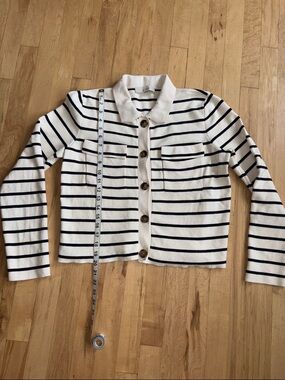 LOFT Striped Button-Up Knit Cardigan in Cream & Navy